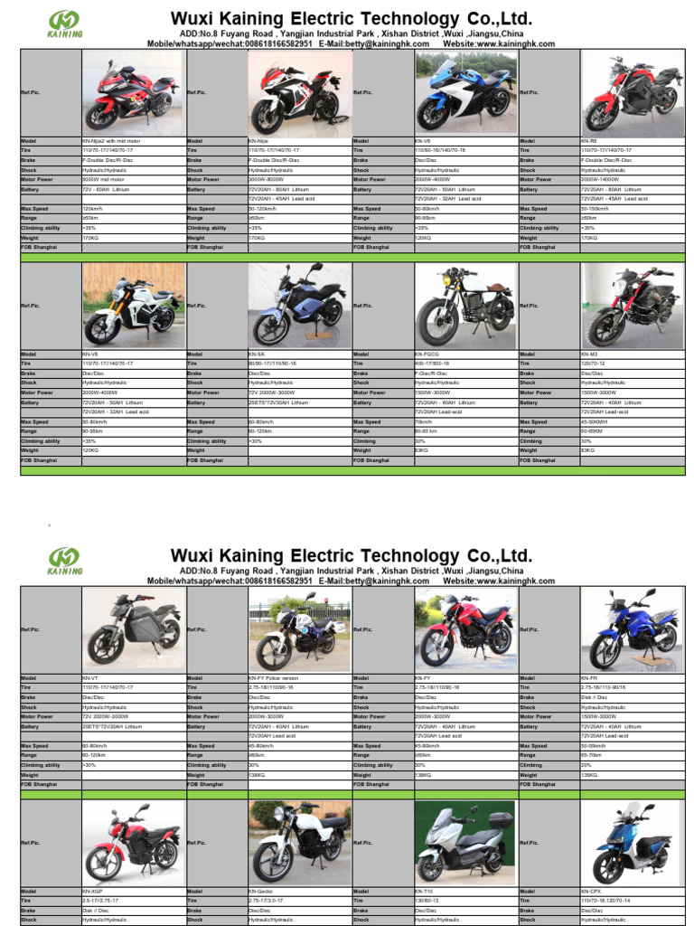 Kaining Electric Bike Models Overview | PDF | Brake | Vehicle Parts