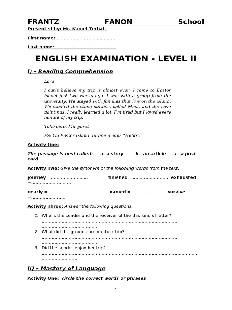Copie de Test Level 2 Interchange. | PDF | Grammar | Linguistics
