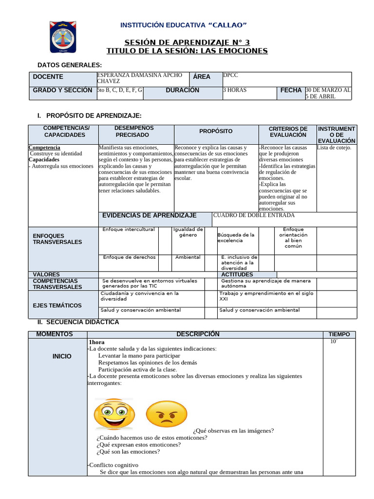 Sesión de Aprendizaje: Las Emociones DPCC | PDF | Las emociones ...