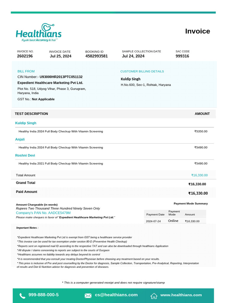 Full Body Checkup Invoice Details | PDF | Invoice | Physical Examination