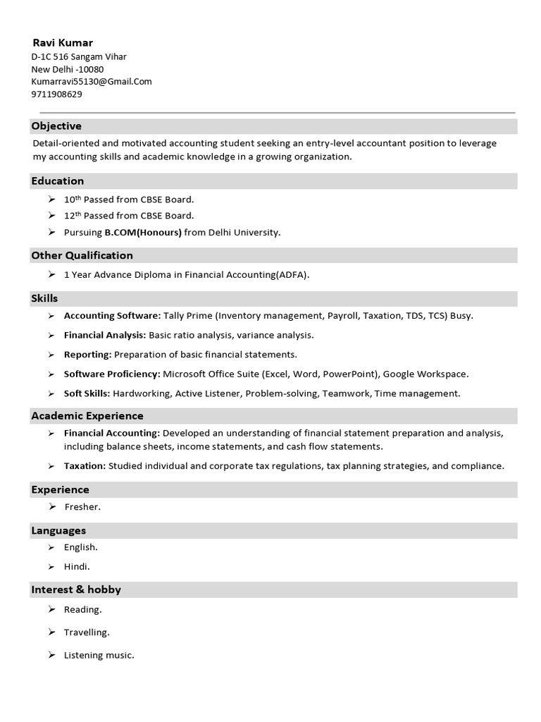 Entry-Level Accountant Resume of Ravi Kumar | PDF