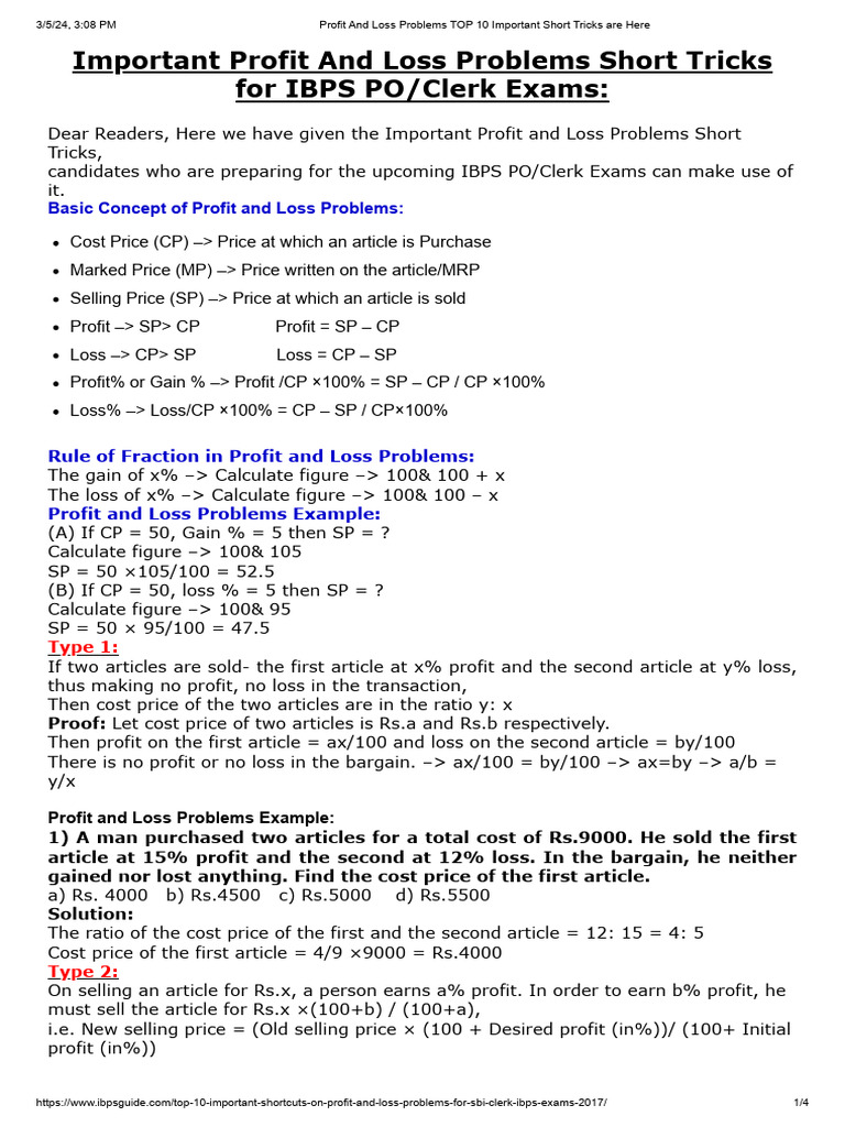 Profit and Loss Short Tricks for Exams | PDF | Prices | Percentage