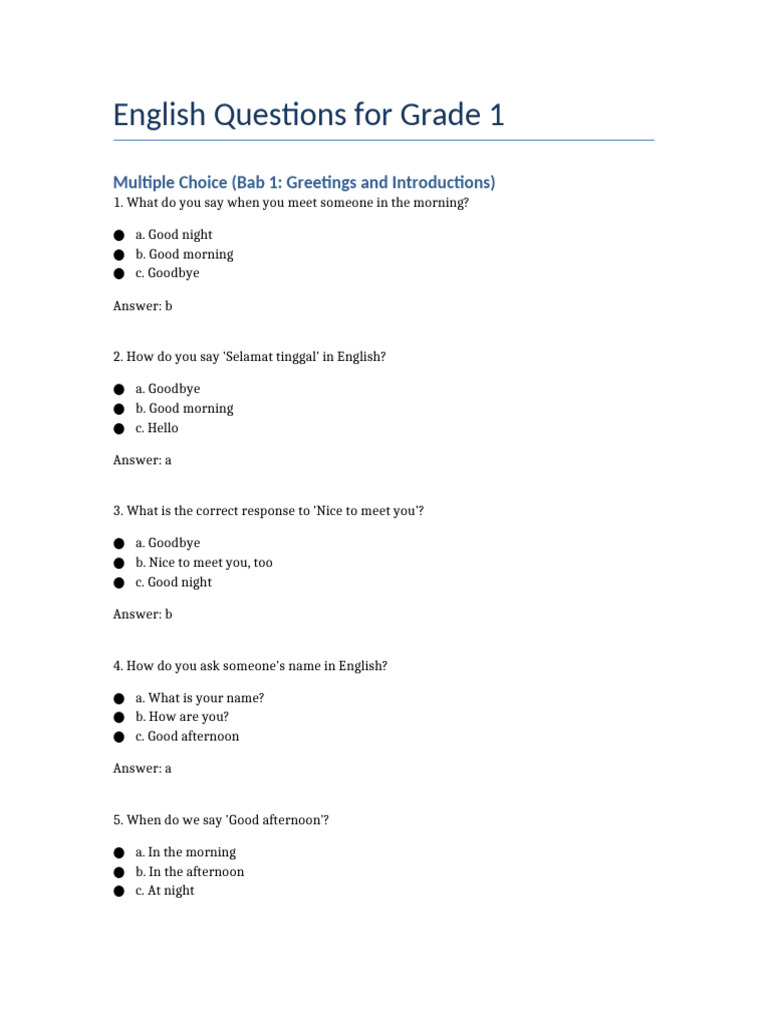 Grade 1 English Practice Quiz | PDF