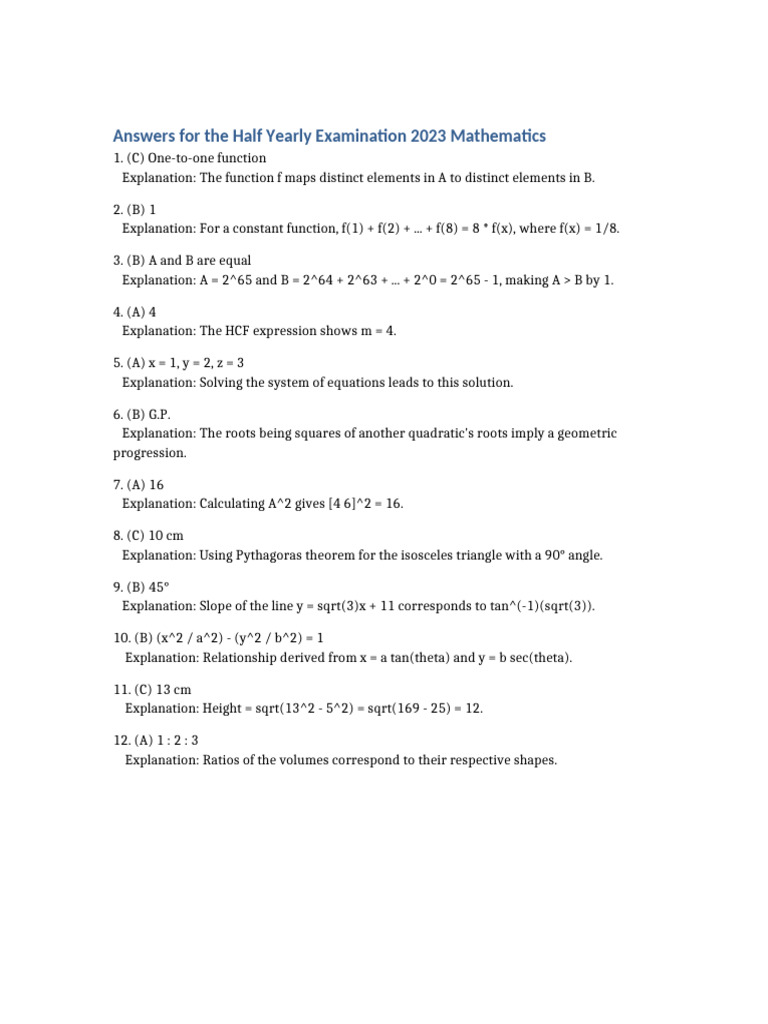 Half Yearly Exam Answers | PDF