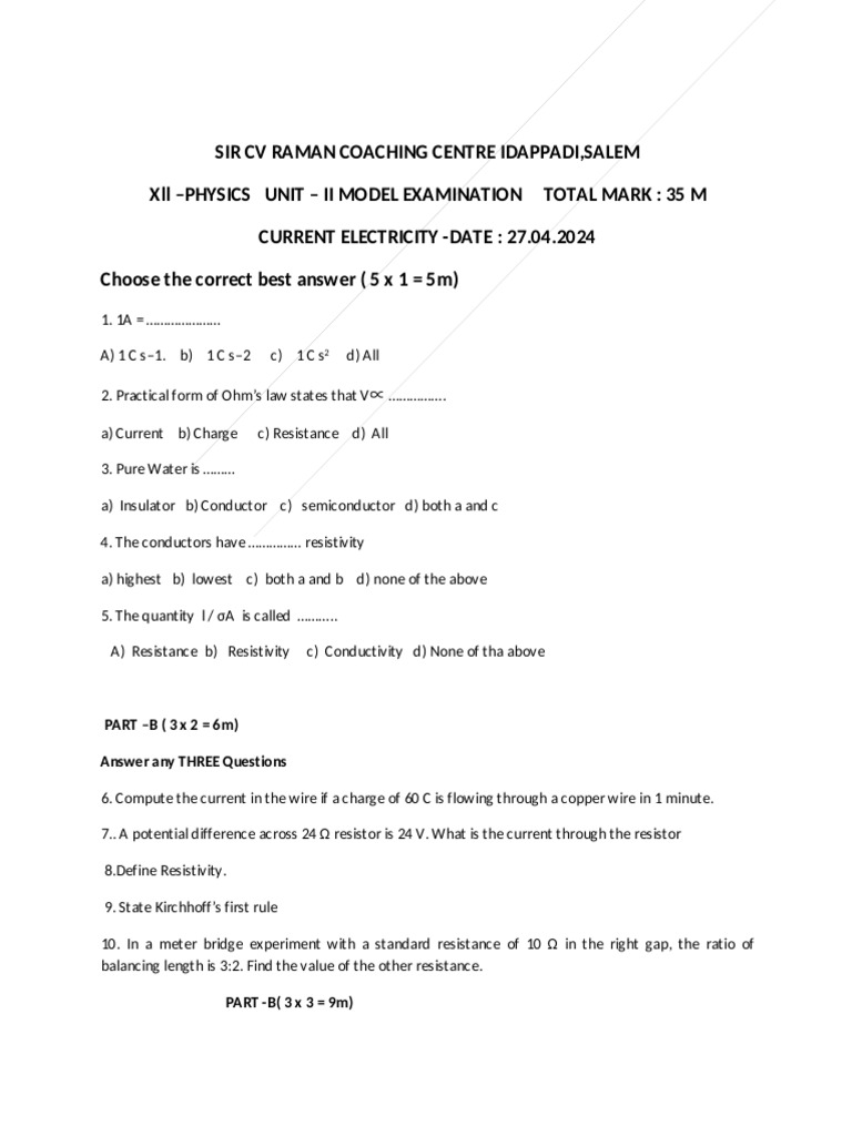 12th Physics Unit 2 Model Question Paper English Medium PDF Download ...