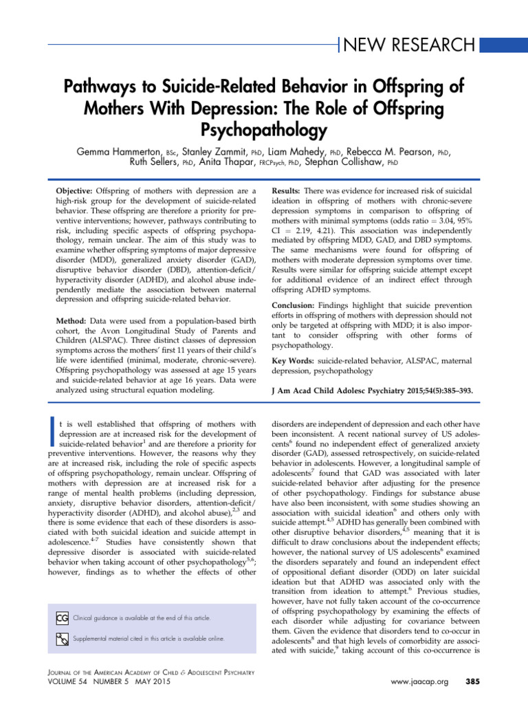 Pathways To Suicide Related Behavior in Offspring | PDF | Major ...