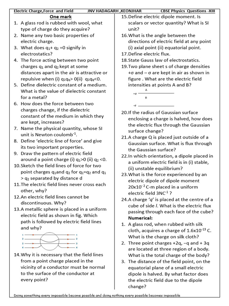 U 1 Electrostatics Pdf Electric Field Electrostatics