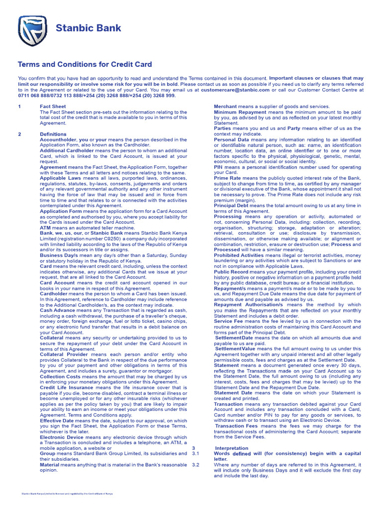 Stanbic Bank Credit Card Terms & Conditions | PDF | Credit Card | Debt