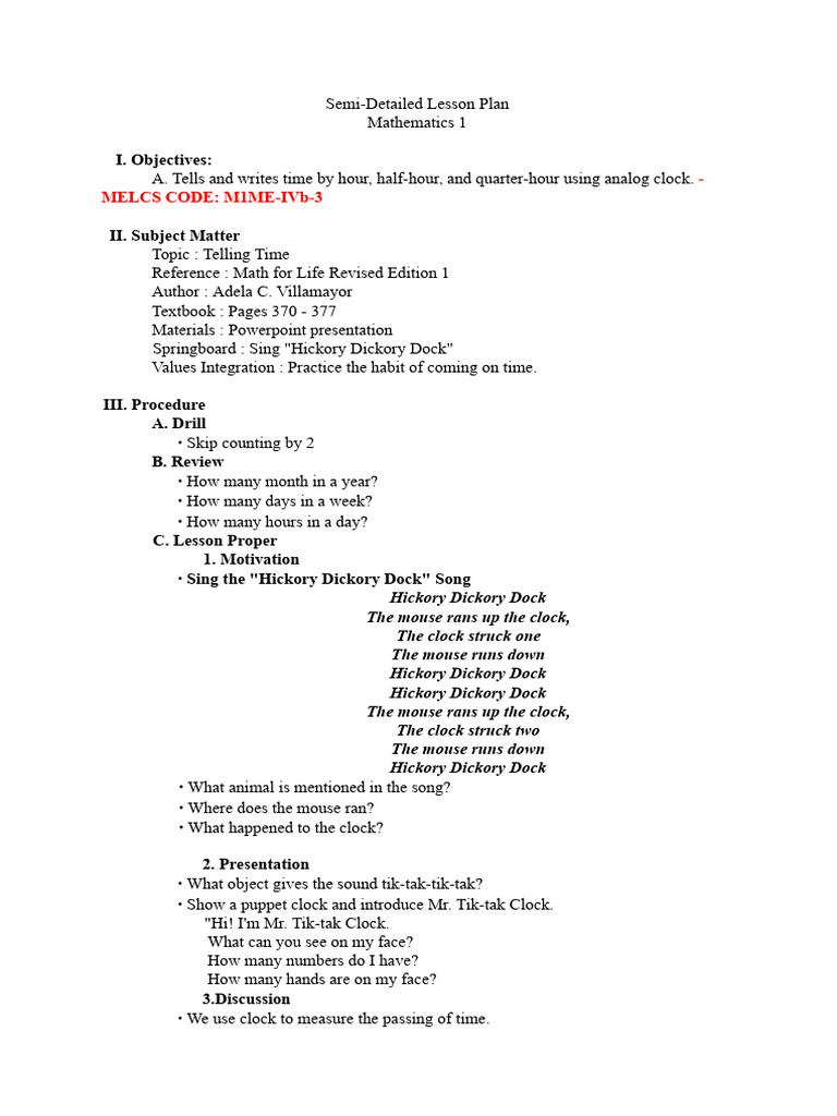 Grade 1 Mathematics Lesson Plan | PDF