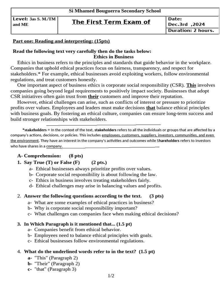 Ethics in Business Exam Overview | PDF | Corporate Social ...