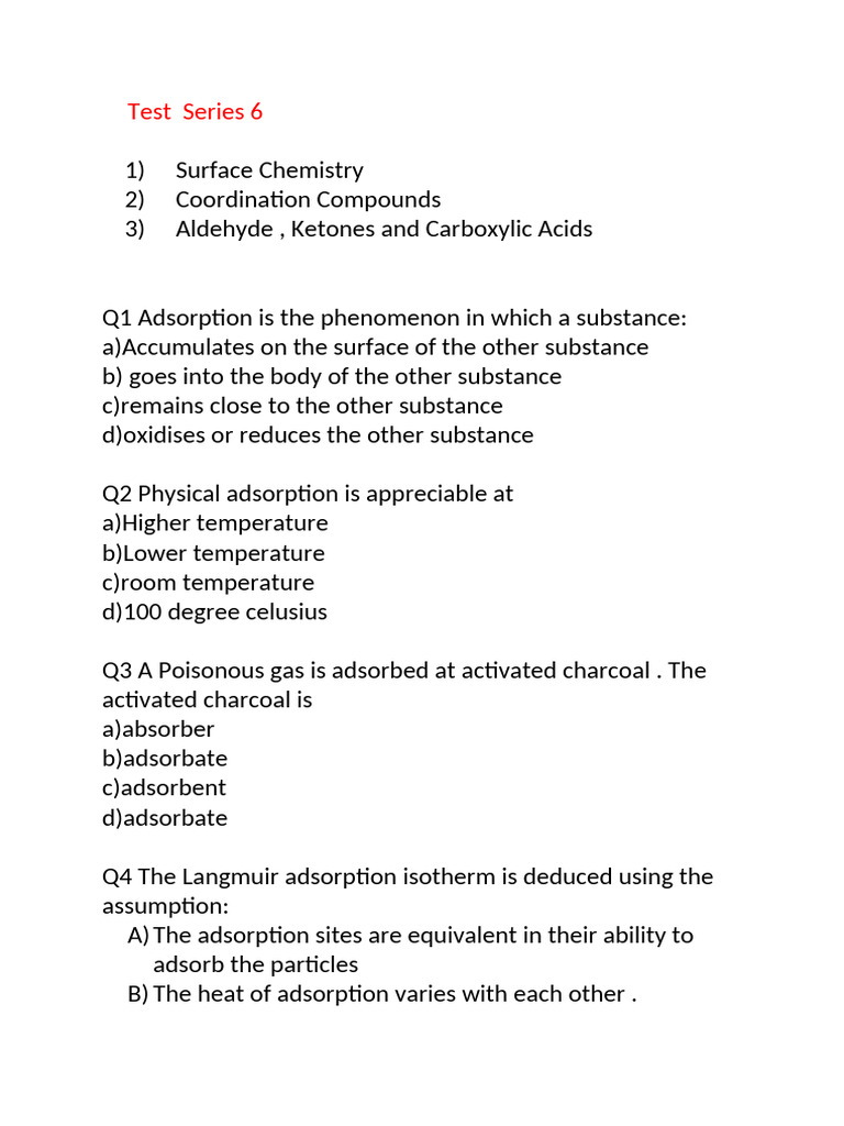 Test series 6 | PDF | Adsorption | Coordination Complex