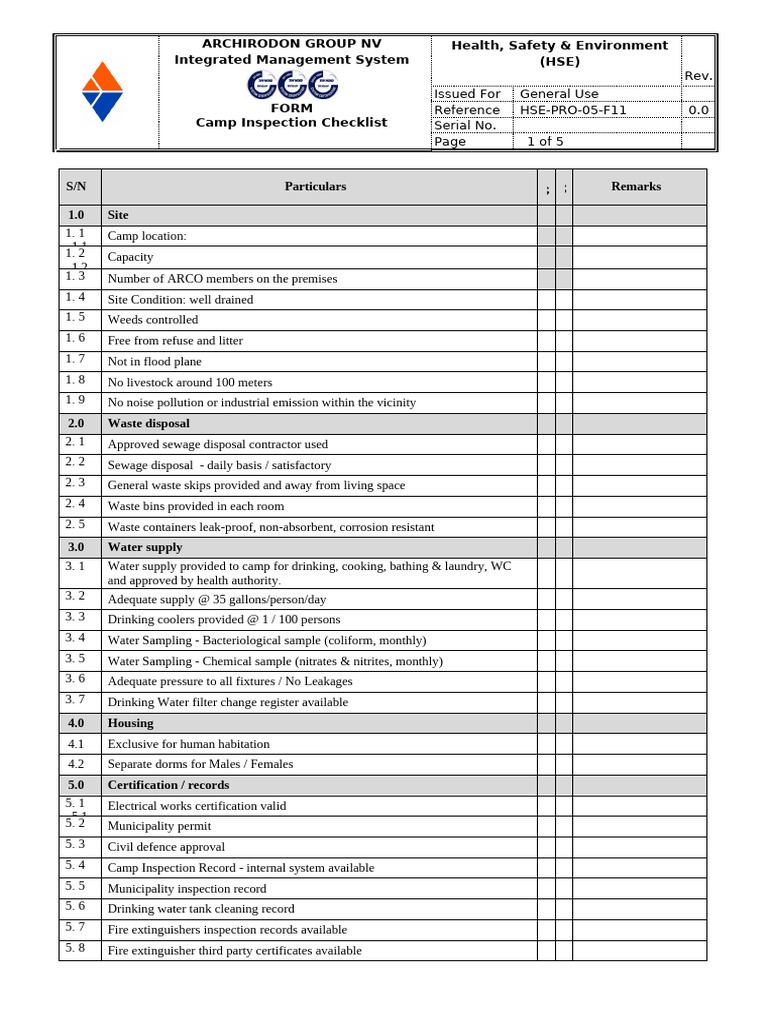 Camp Inspection Checklist for HSE Compliance | PDF | Liquefied ...