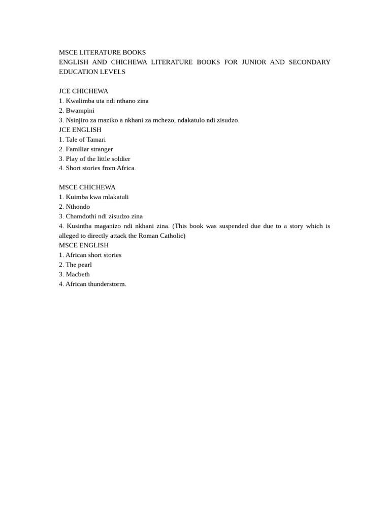 Jce and Msce Lit Books I Eng N Chich | PDF