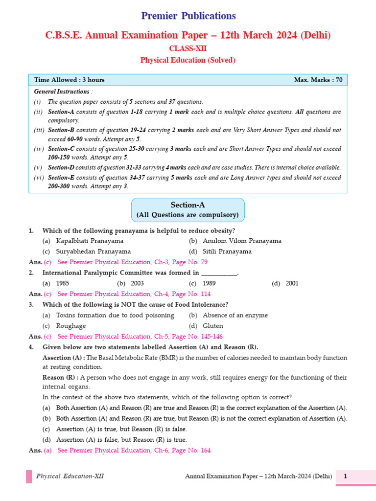 CBSE Class 12 Physical Education Exam Paper | PDF | Tournament ...