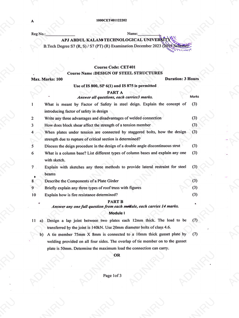 Ktu 2019 s7 Ce Design of Steel Structures, Dec 2023 | PDF