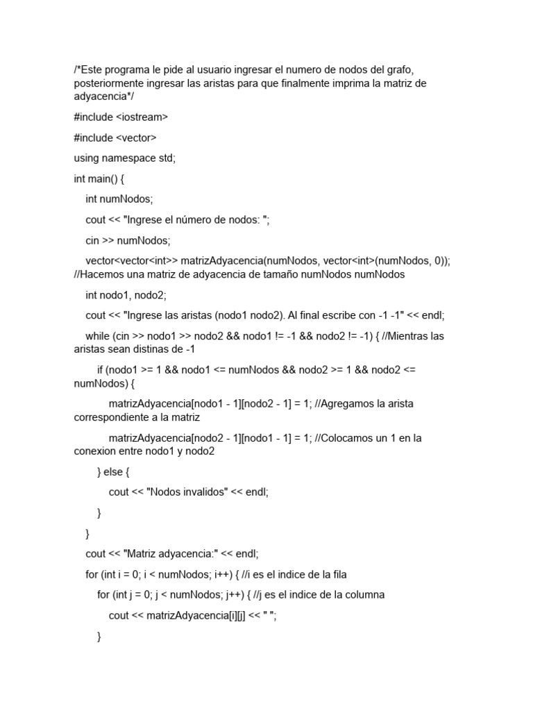 Generador de Matriz de Adyacencia en C++ | PDF