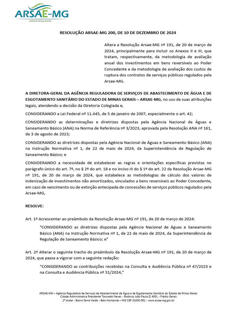 Alterações na Resolução ARSAE-MG 200/2024 | PDF | Indenização | Agência ...