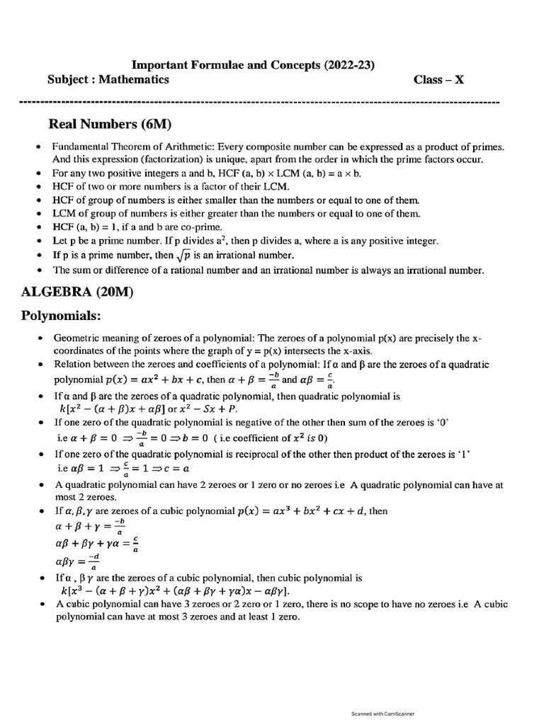 Grade X Important Formule For Board Exam | PDF