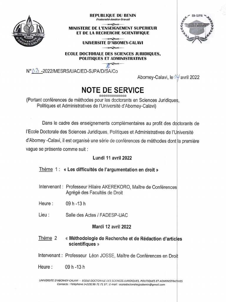 Note de Service - Programmation Conferences | PDF