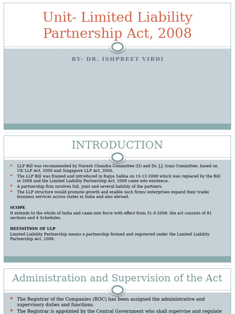 Unit 4 - Limited Liability Partnership Act, 2008 | PDF | Limited ...