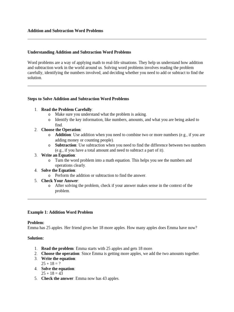 Addition and Subtraction Word Problems Guide | PDF