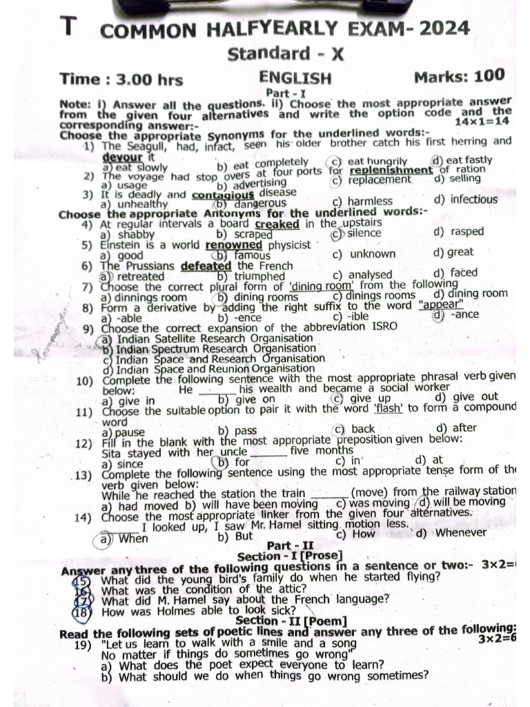 Class 10 Half Yearly Exam Paper 2024 | PDF
