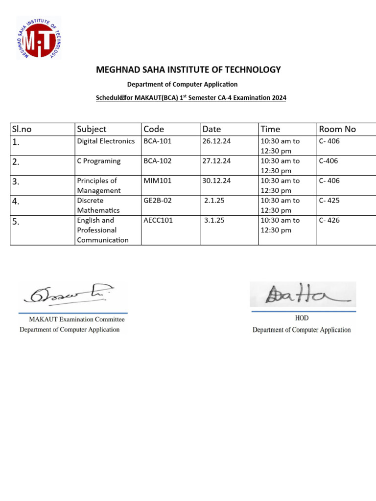 MAKAUT BCA CA4 Exam Schedule 2024 | PDF