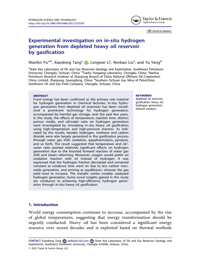 2023 Experimental Investigation On In-Situ Hydrogen Generation From ...