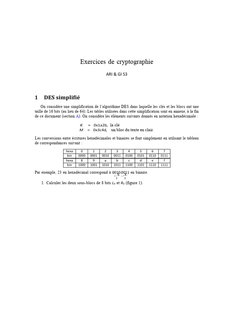 Exercices de Cryptographie : DES et RSA | PDF | Mathématiques ...