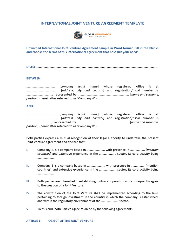 International Joint Venture Agreement Template | PDF | Joint Venture ...