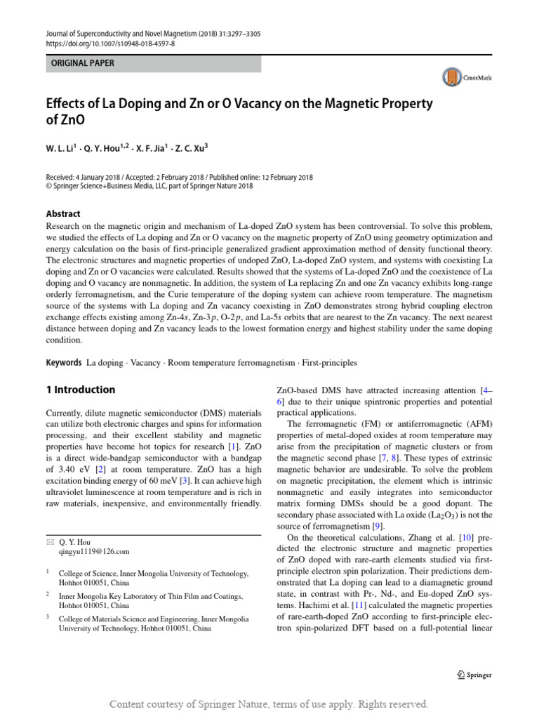 Effects of La Doping and ZN or O Vacancy On The Ma | PDF | Magnetism ...