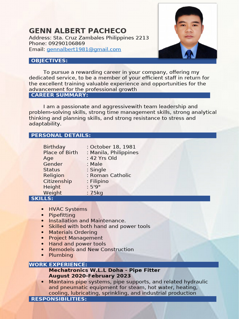 Genn Albert Pacheco - Pipefitter Resume | PDF | Pipe (Fluid Conveyance ...