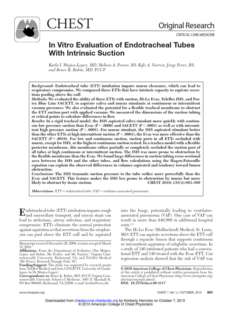 In Vitro Evaluation of Endotracheal Tubes | PDF | Respiratory System