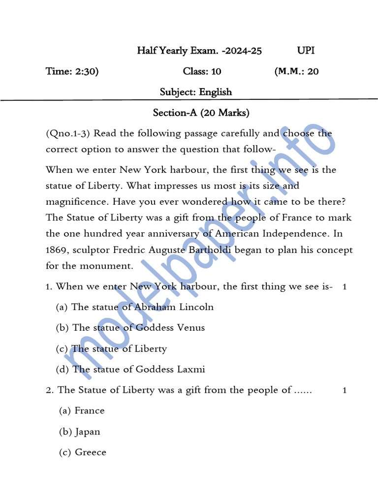 Class 10 English Half Yearly Exam 2024 | PDF