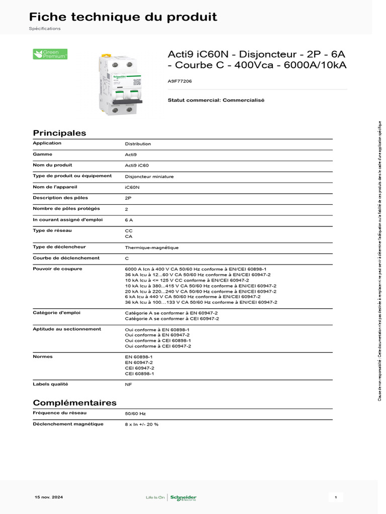 Disjoncteur Magnéto-thermique Schneider 4 Pôles 20A Courbe C 6kA - Référence A9F74420, Neuf