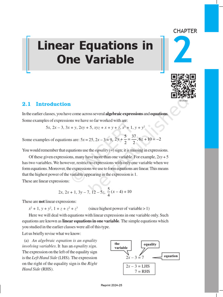 Linear Equations in One Variable | PDF | Equations | System Of Linear ...