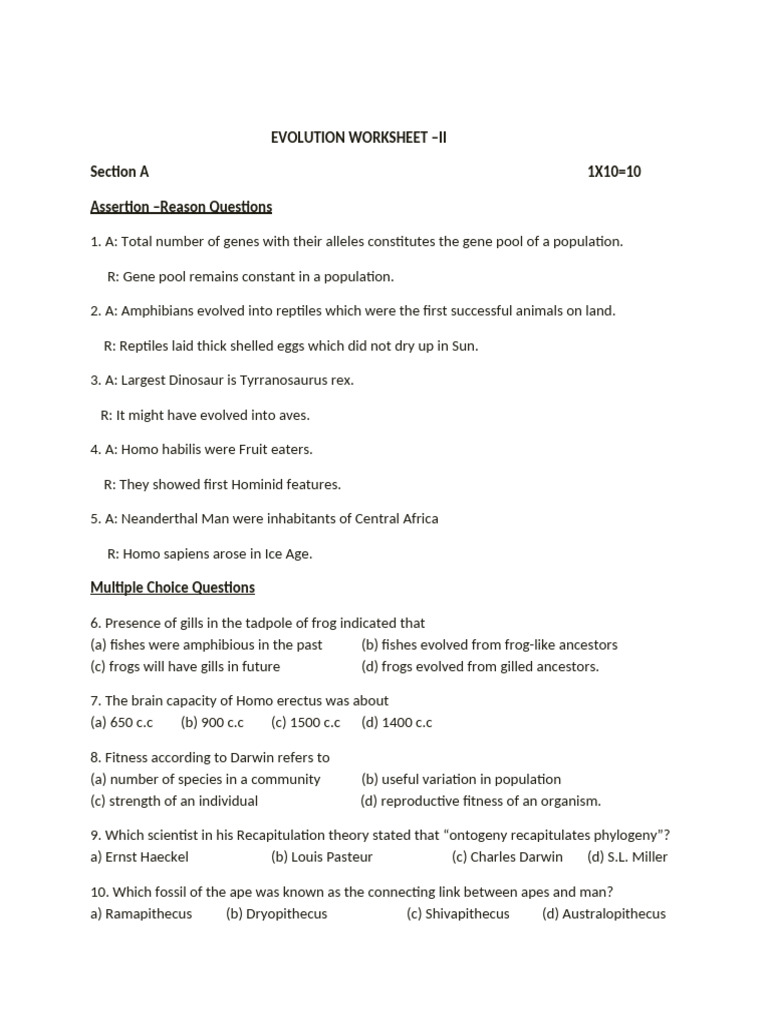 Evolution Worksheet II: Key Concepts and Questions | PDF | Evolution | Homo