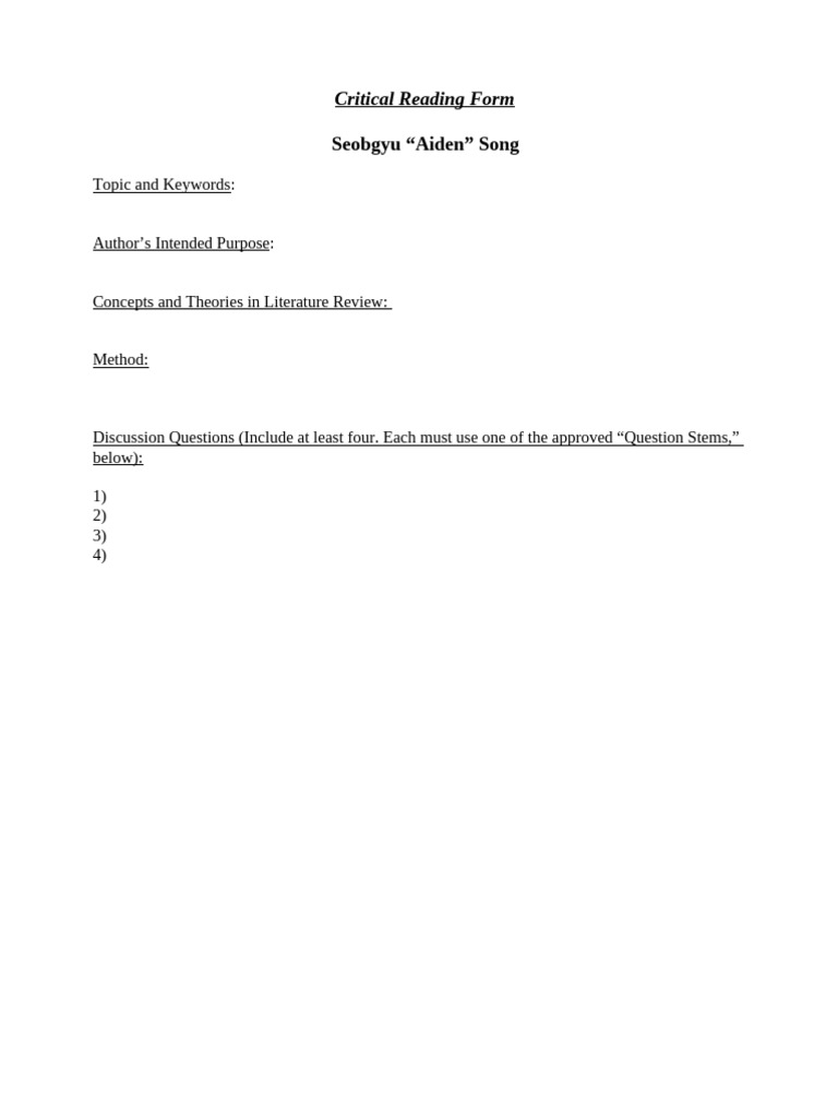 Critical Reading Form Template | PDF