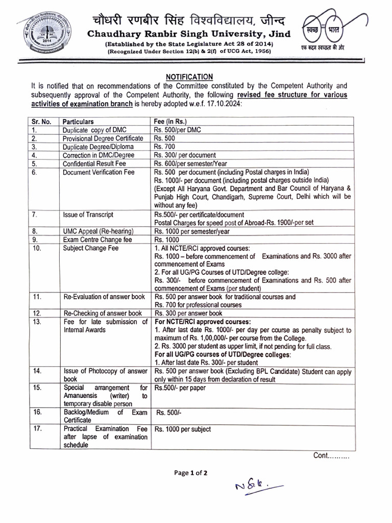 Notification of Revised Fee Structure For Various Activity | PDF ...