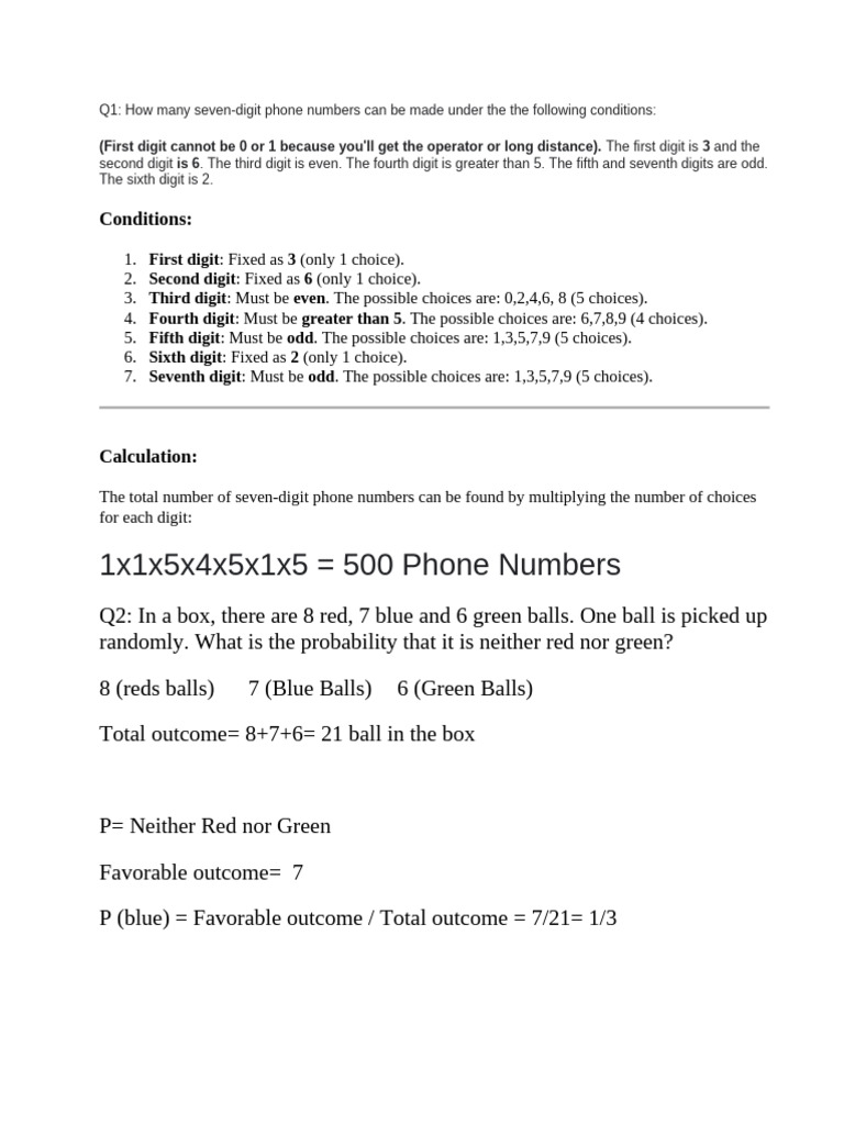 Phone Number Combinations and Probability | PDF