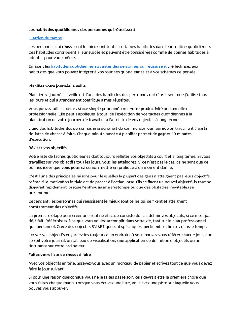 Les Habitudes Quotidiennes Des Personnes Qui Réussissent | PDF ...