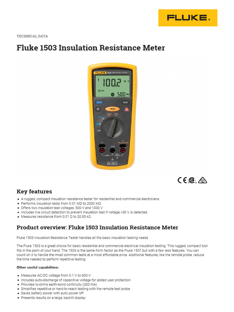 Fluke 1503 Insulation Resistance Meter Data Sheet | PDF | Power Supply ...