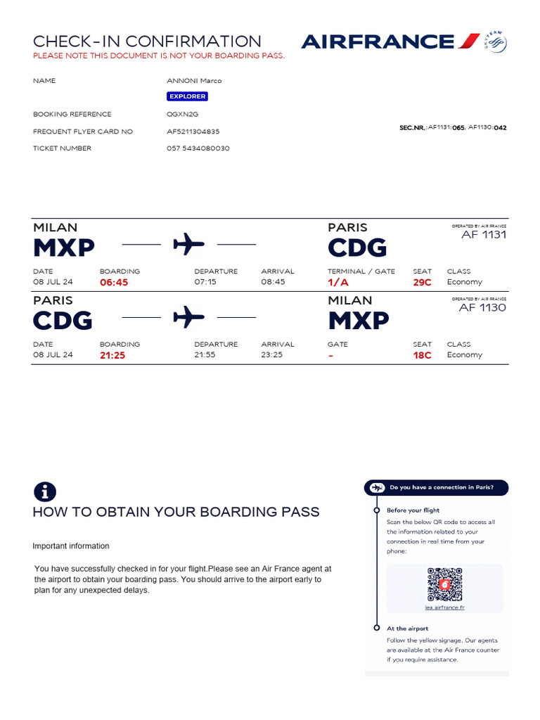 Obtain Your Air France Boarding Pass | PDF