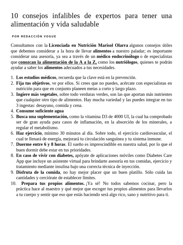 10 Consejos Infalibles de Expertos para Tener Una Alimentación y Vida ...