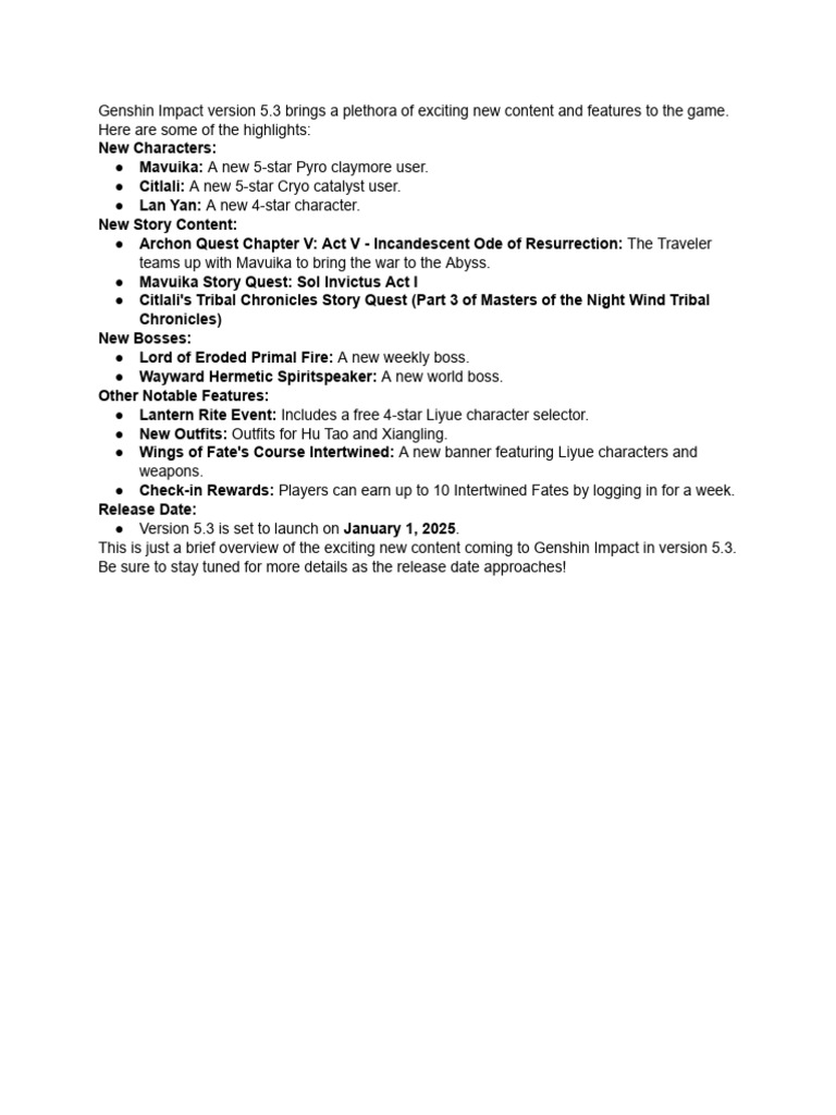 Genshin Impact 5.3: New Characters & Features | PDF