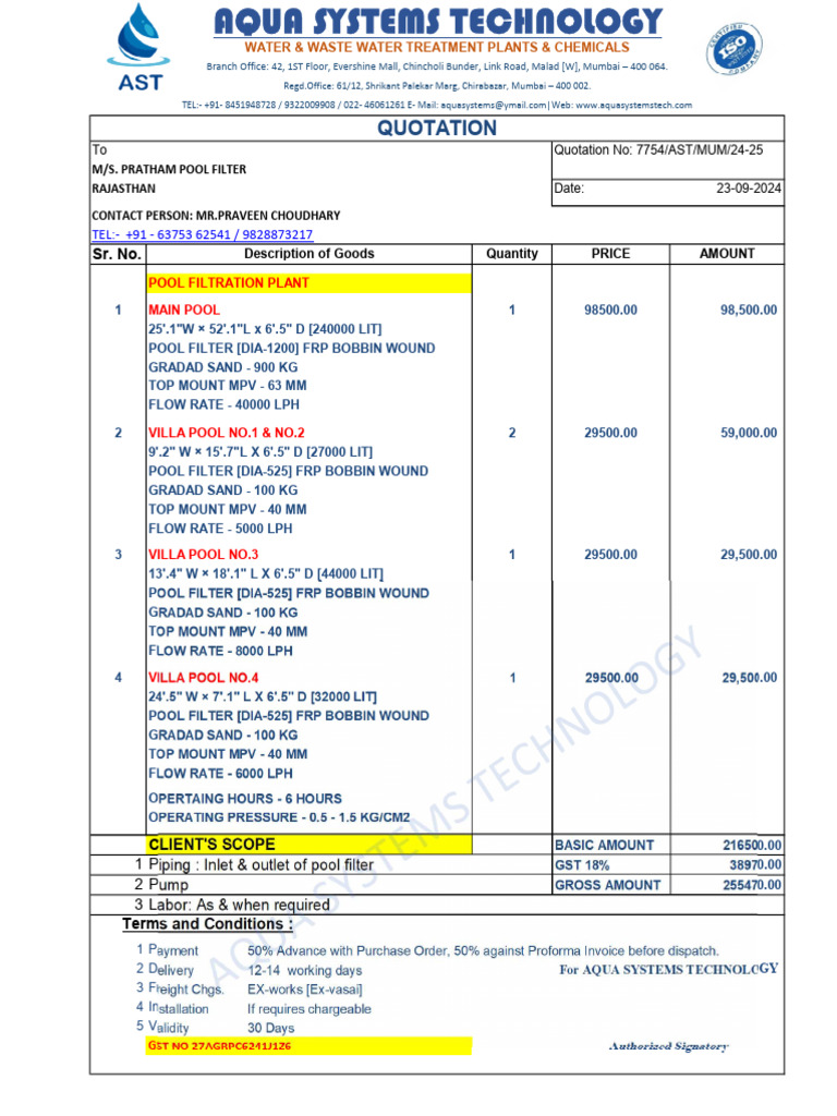 Pool Filter Quotation for Aqua Systems | PDF | Water Management ...