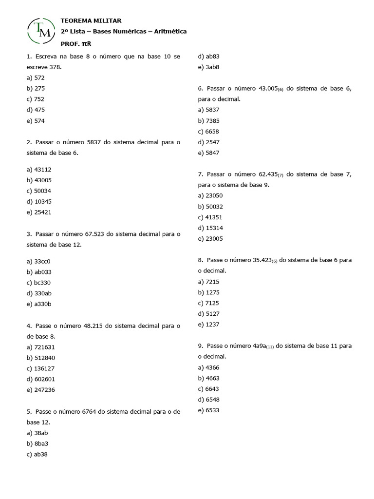 Exercícios de Conversão de Bases Numéricas | PDF | Decimal | Números