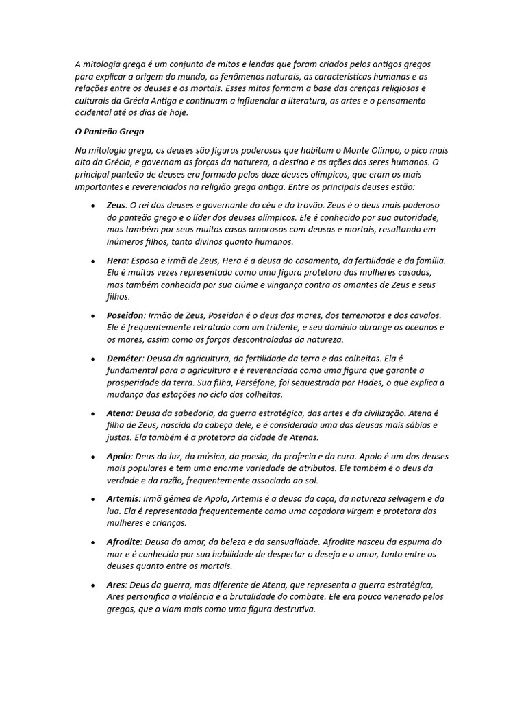 A Mitologia Grega é Um Conjunto De Mitos E Lendas Que Foram Criados