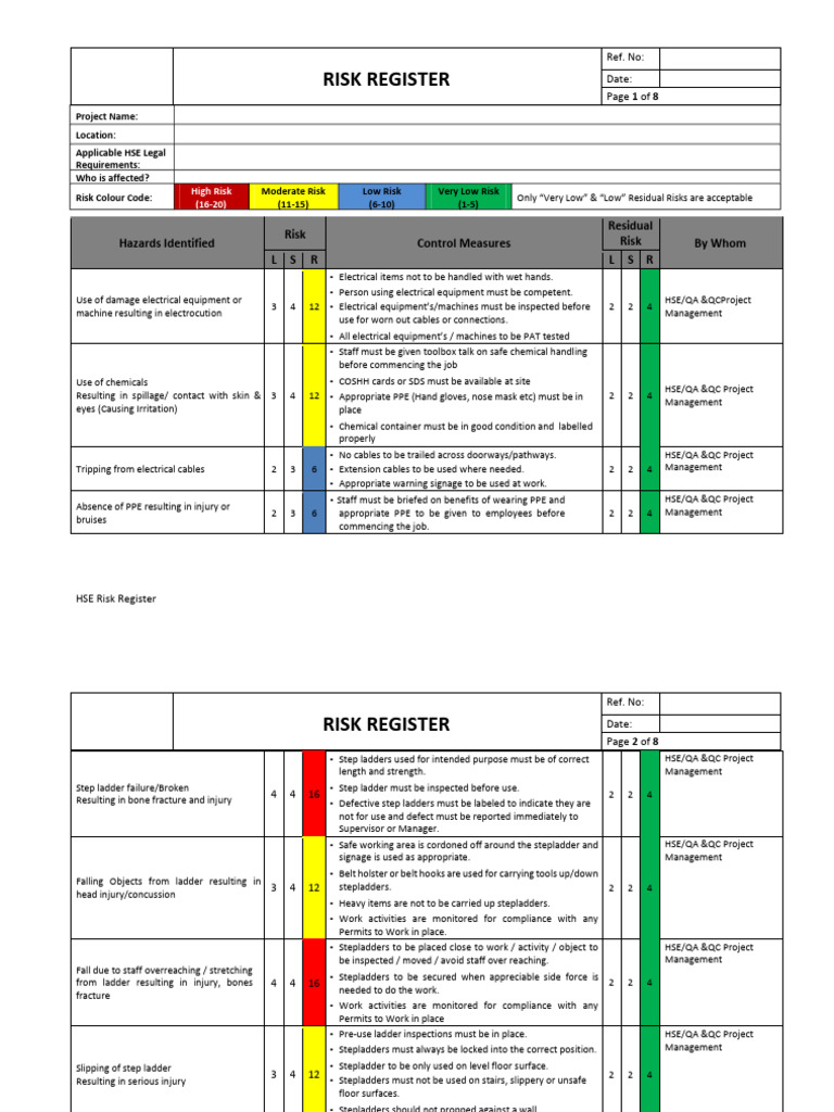 HSE Risk Register and Control Measures | PDF | Ladder | Dangerous Goods