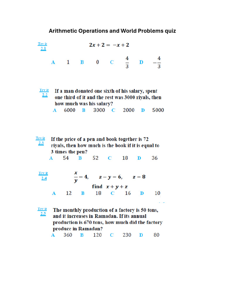 Arithmetic Operations and World Problems Quiz | PDF